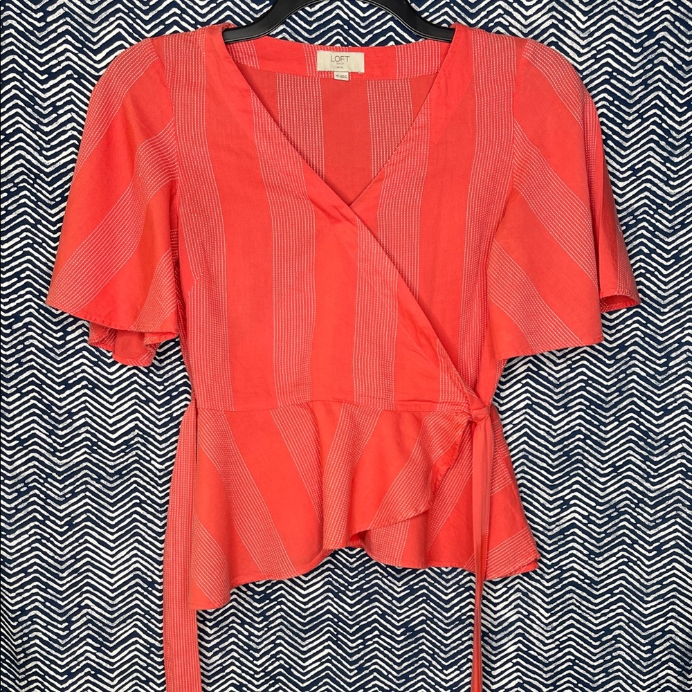 LOFT Outlet Coral Striped Wrap Blouse